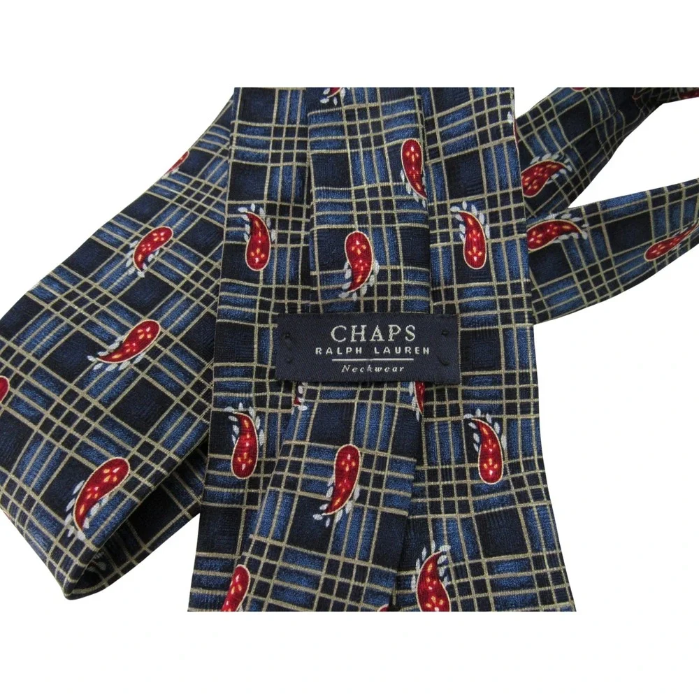 VTG CHAPS RALPH LAUREN Blue TARTAN Red Paisley Print SILK Men's NECK TIE 57